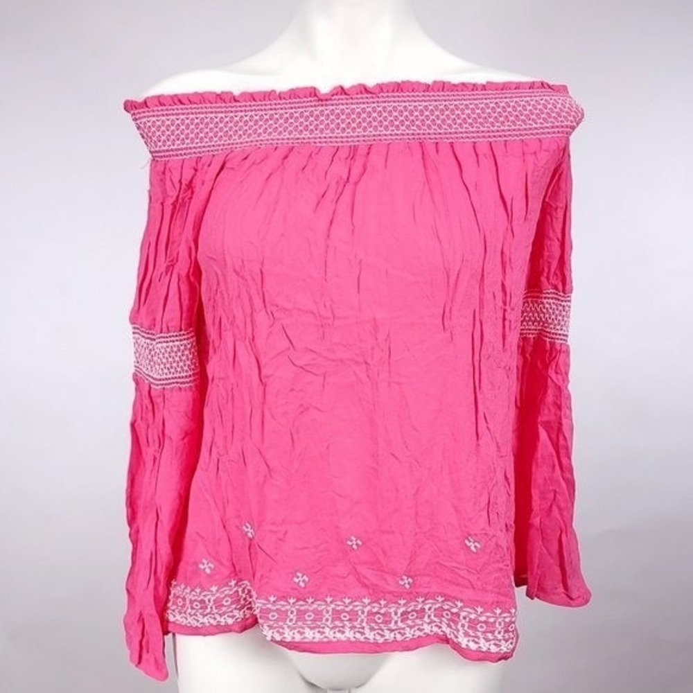 Rampage Womens Pink Off Shoulder Embroidered‎ Boho Blouse Medium NWT